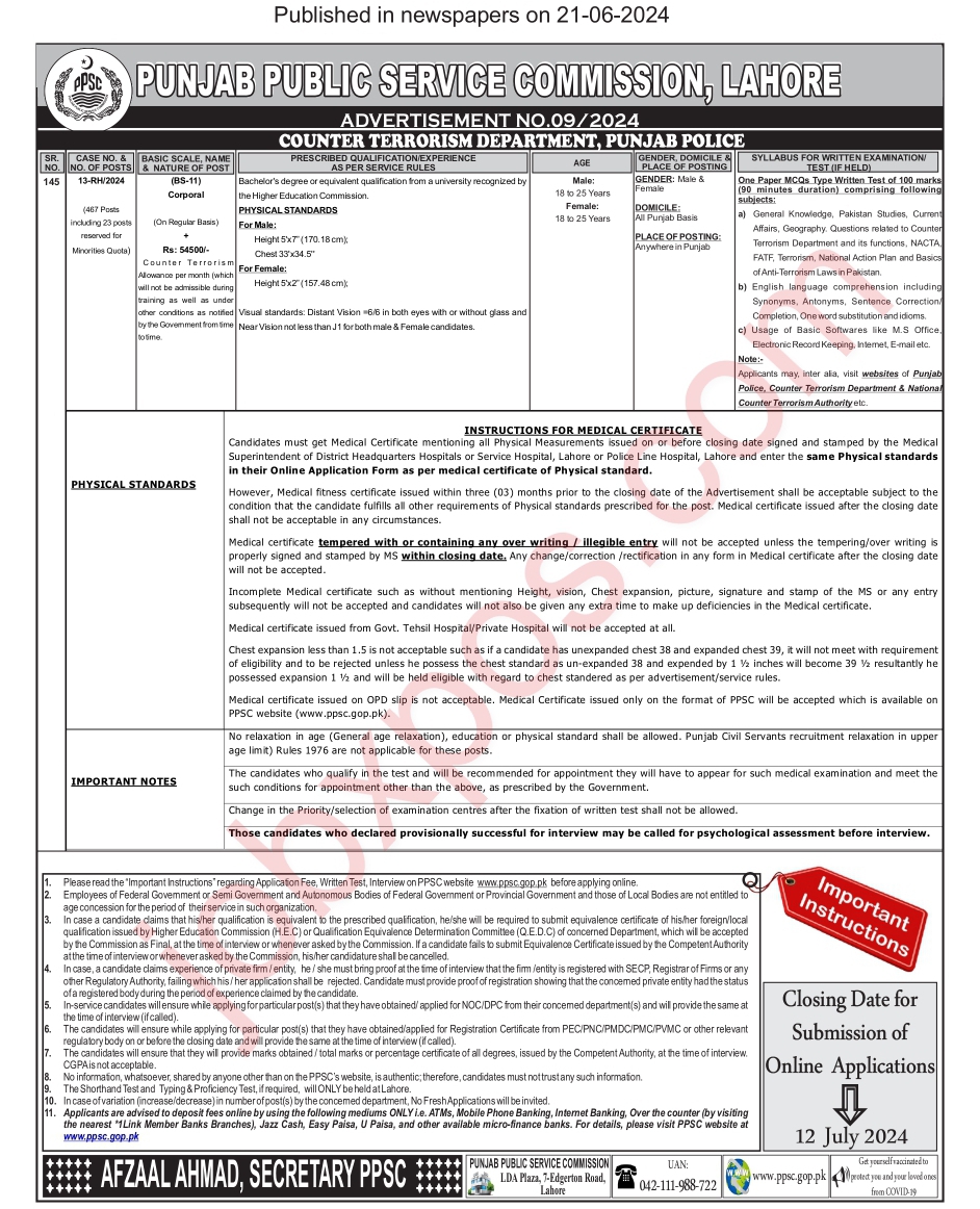 Corporal (BPS-11) Jobs in Counter Terrorism Department (CTD) through PPSC