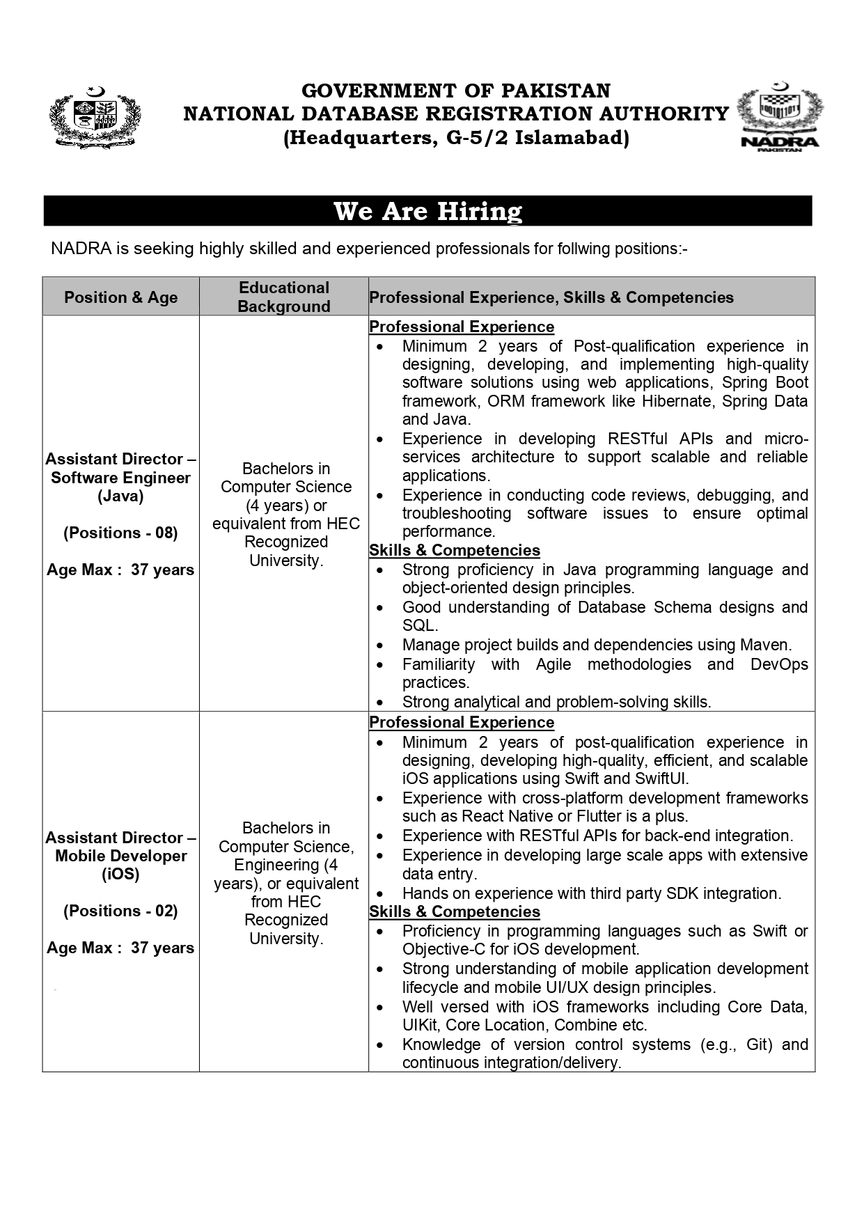 National Database Registration Authority NADRA Jobs 2024