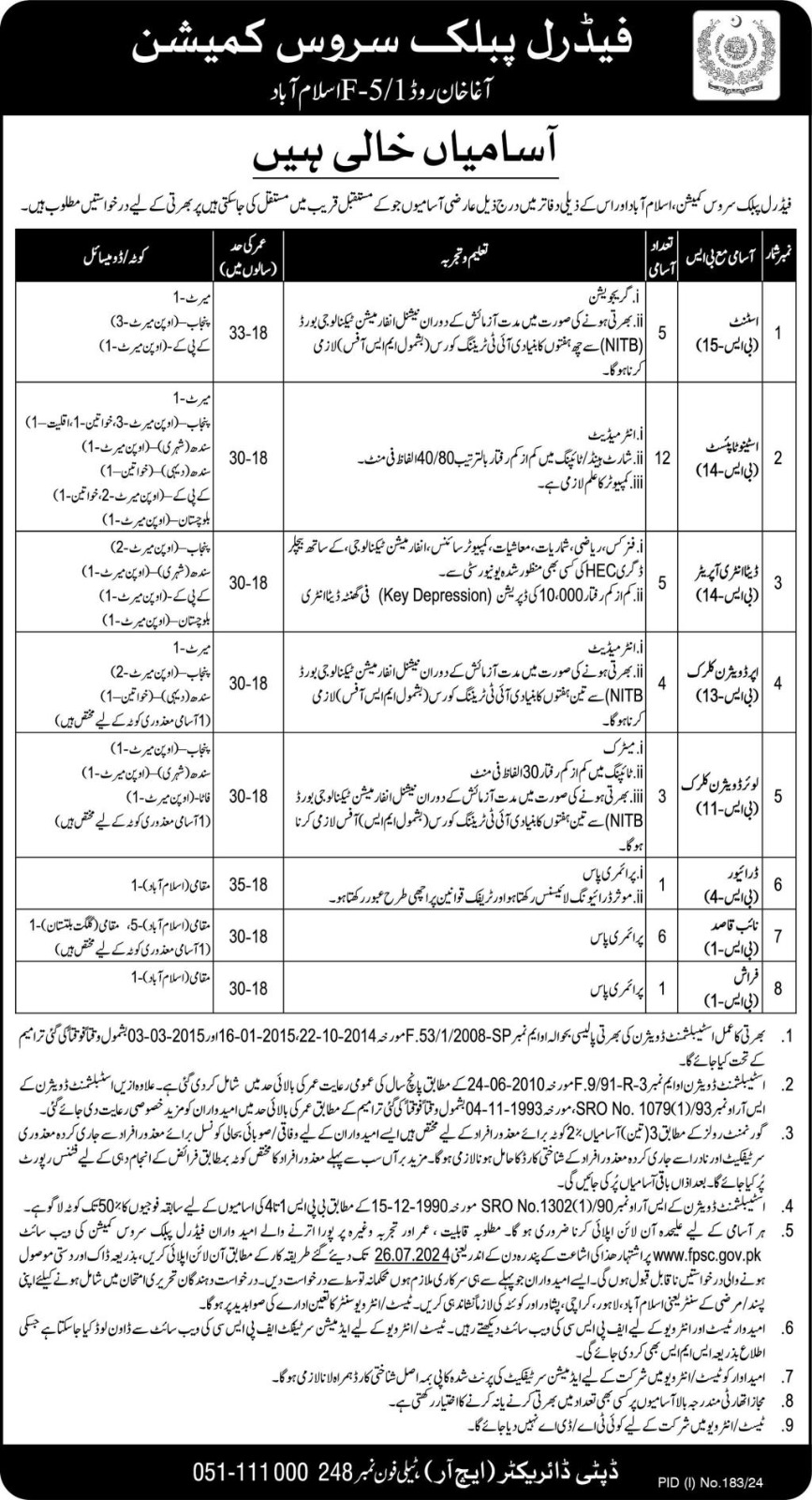 Federal Public Service Commission FPSC Islamabad jobs 2024