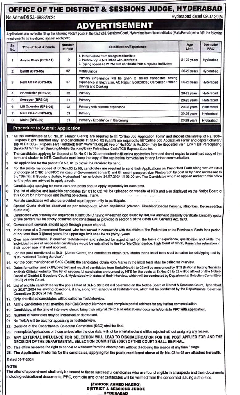 Office of the District & Sessions Judge, Hyderabad Jobs 2024, 