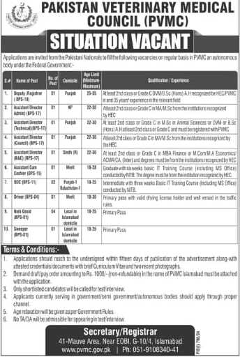 Pakistan Veterinary Medical Council (PVMC) Jobs 2024